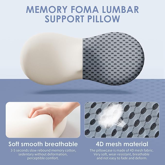 Lumbar Support Pillow, Back Pillow for Low Back Pain Relief, Ergonomic Streamline Car Seat, Office Chair, Recliner and Bed (Gray)