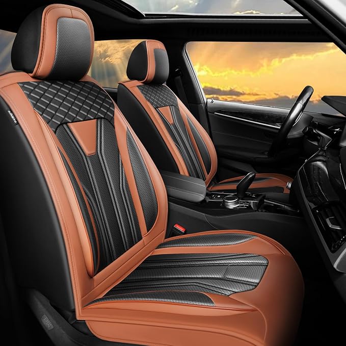 Fit Kona Car Seat Covers for Select Hyundai Kona 2018-2025 2026. Premium Leather, Waterproof， Breathable, Scratch-Resistant & All-Weather Seat Cushion Protector (Full Set, Brown&Black)