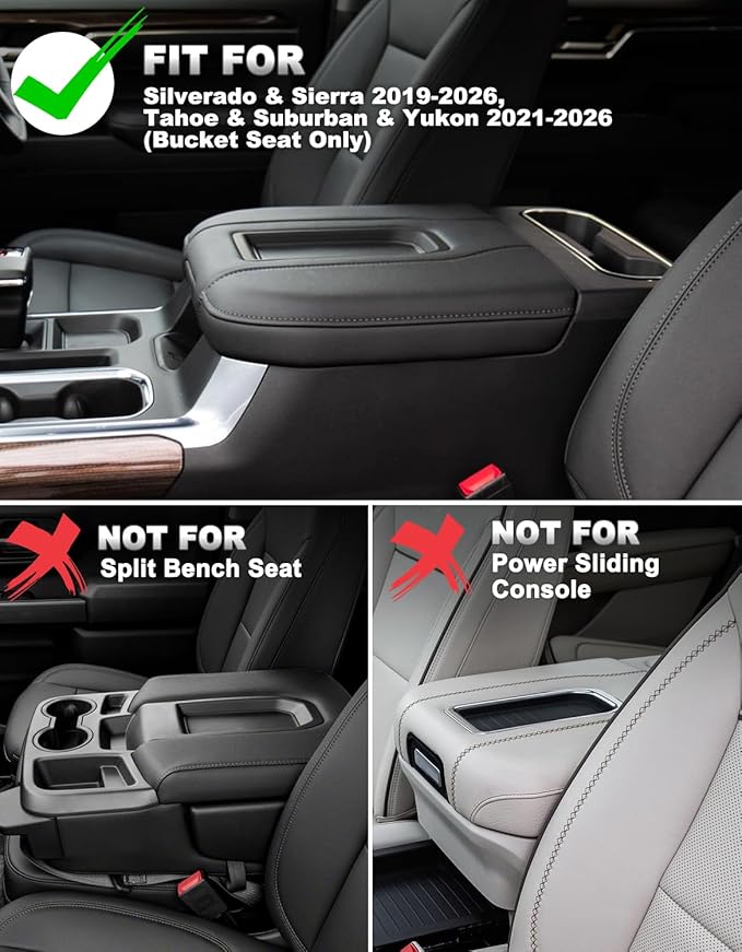 Center Console Armrest Cover for GMC Sierra & Chevy Silverado 2019-2026, Tahoe & Yukon & Suburban 2021-2026, Floor Console Bucket Seat Only, Vinyl Leather Trim, Scratchproof, Black