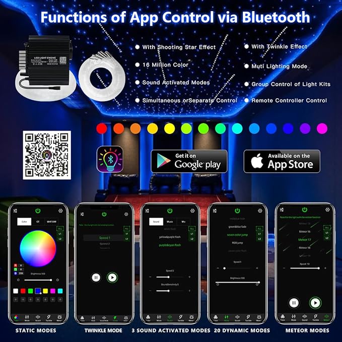 AKEPO 12W 550pcs Twinkle&240pcs Shooting Star 2-in-1 Fiber Optic Starlight Headliner Lights Kit, 0.03in*9.8ft Car Home Meteor APP Control Music Activated Optical Fiber Star Ceiling Light
