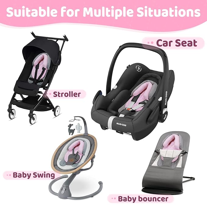 Pro Goleem Car Seat Head Support Infant, Soft Infant Car Seat Insert, 2 in 1 Carseat Head Support for Toddler, Perfect for Car Seat, Stroller, Swing, Bouncer, Pink and Gray