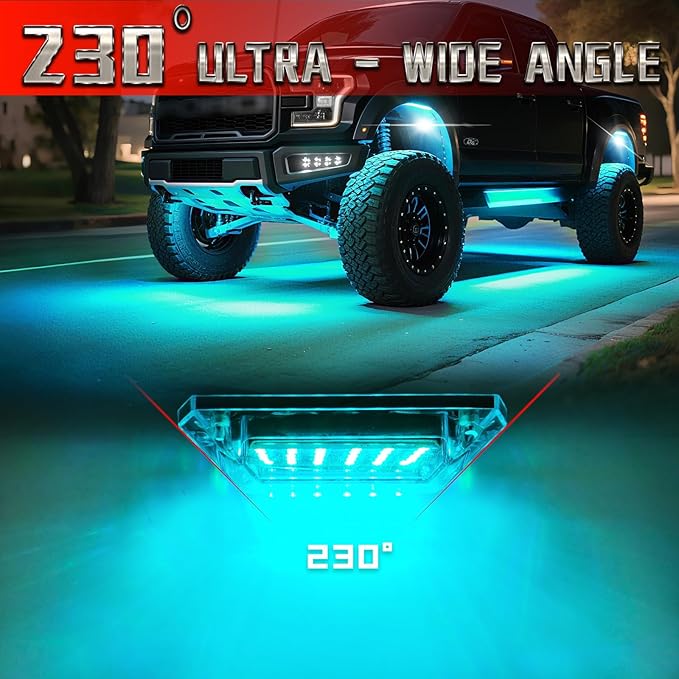 4 Pods Full Angle RGB LED Rock Lights for Jeep Truck ATV UTV RZR Offroad Golf Cart SXS, Waterproof Multicolor Neon Underglow Kit with APP/RF Remote, 12Volt Underbody Lights