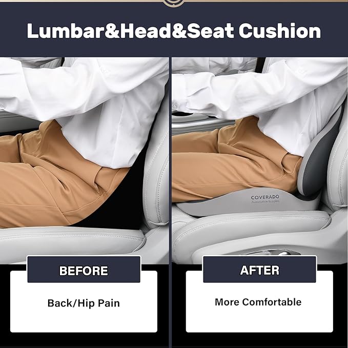 Coverado Seat Cushion and Lumbar Support Headrest Pillow for Car Office Chair, Ergonomic Memory Foam Chair Cushion Back Neck Support Pillow, Sciatica & Back & Tailbone Pain Relief Cushion-Bgray