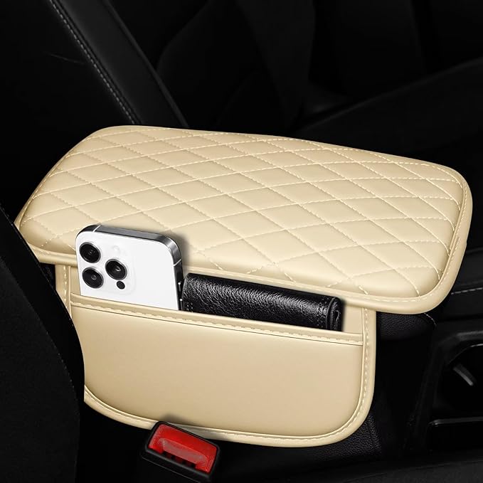 Upgraded Car Center Console Cover Fit for Corolla Cross Faux Leather Car Armrest Cover Cushion with 2 Storage Bags,Car Armrest Storage Box Interior Accessories(Beige&Whiteline)
