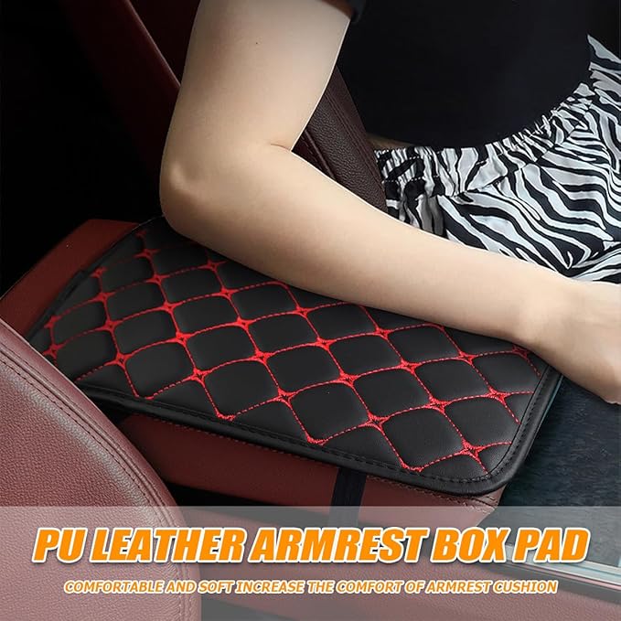 HZEL Car Center Console Cushion Pad, PU Leather Vehicle Armrest Protection Cover, Waterproof Automotive Interior Arm Rest Seat Box Mat Accessories, Universal for SUV, Sedan, Truck (Black/Red)