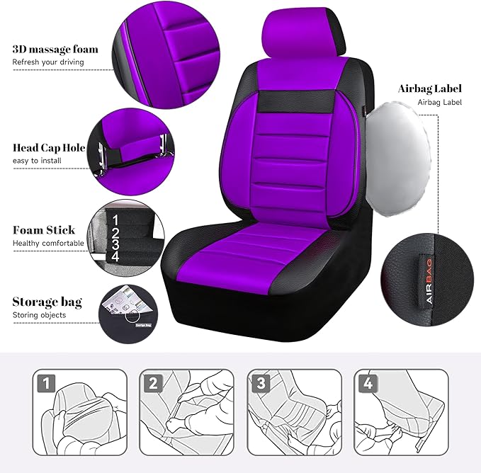 CAR PASS Leather Seat Covers Full Set Universal Water Resistant 3D Foam Back Support, Luxury Comfort Automotive 5 Seat Covers All Season Fit for SUV,Sedan,Van, Airbag Compatible Elegance(Purple Black)