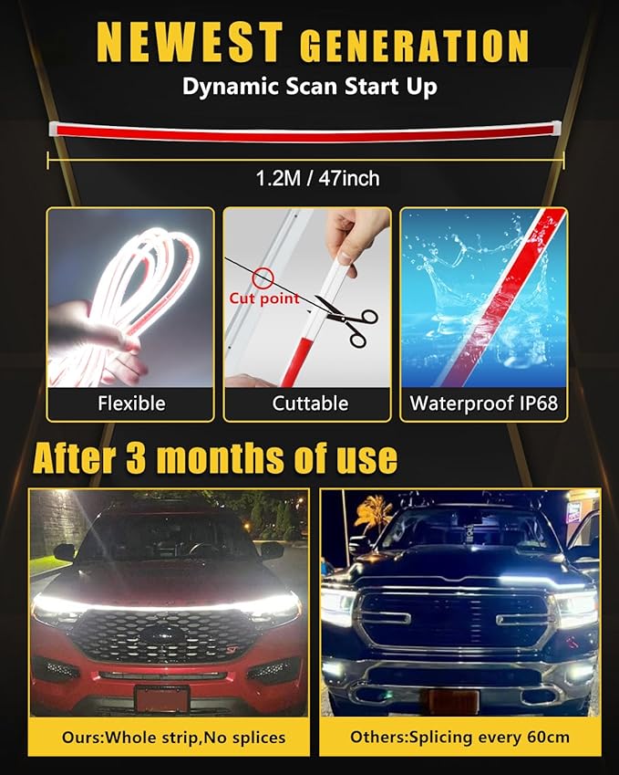 Sequential Turn Signal Led Light Strip Dynamic Scan Start Up Hood Lights Flexible DRL Daytime Running Light for Car,Truck,SUV,Dual Color Amber White Flowing Switchback 12V 47inch /1.2M (1Set)