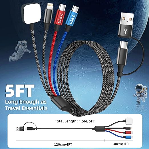 Dual Type-C Port 4 in 2 USB C Cable for iWatch Charger/iPhone 17, Travel Charger Multi Charging Cable Cord for iWatch Ultra/SE/10-1, iPhone16-8, iPad, Android, Car, Cruise Essentials - 1Pc 5FT