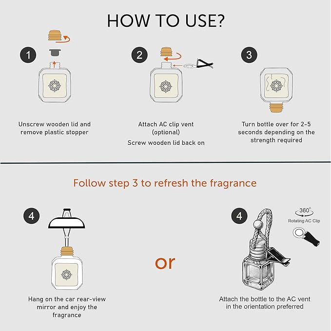 Llum Amber Vanilla Hanging Car Air Freshener – Luxury Automotive Perfume Diffuser 10ml (0.34 fl oz), Long-Lasting Fragrance, Alcohol-Free Non-Toxic Car Scent, Glass Bottle With Wood Cap & AC Vent Clip