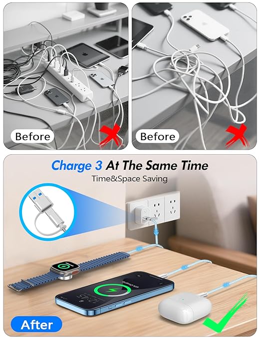 Travel Essentials for Apple Watch Charger,iPhone Charger,3 in 2 Type C/L/Magnetic Fast Charging Cable,Multi Charging Cable Portable Designed for iWatch Series,iPhone 17-11,Galaxy S26-S21,Car-4FT