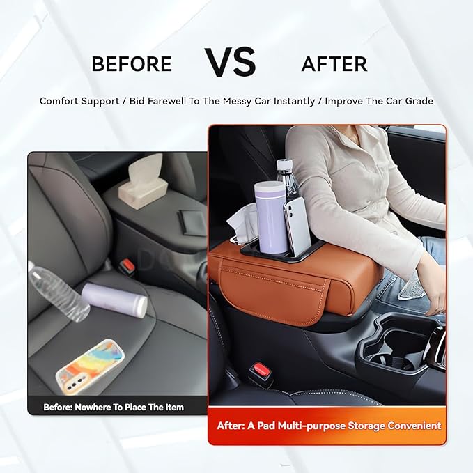 Multifunctional PU Leather Car Armrest Box Mat, 5-in-1 Multifunctional Car Armrest Cushion, Center Console Cover with 2 Cup Holder, For Storing Tissues,Phones,Wallets,Drinks,for Most Cars (Black-B)