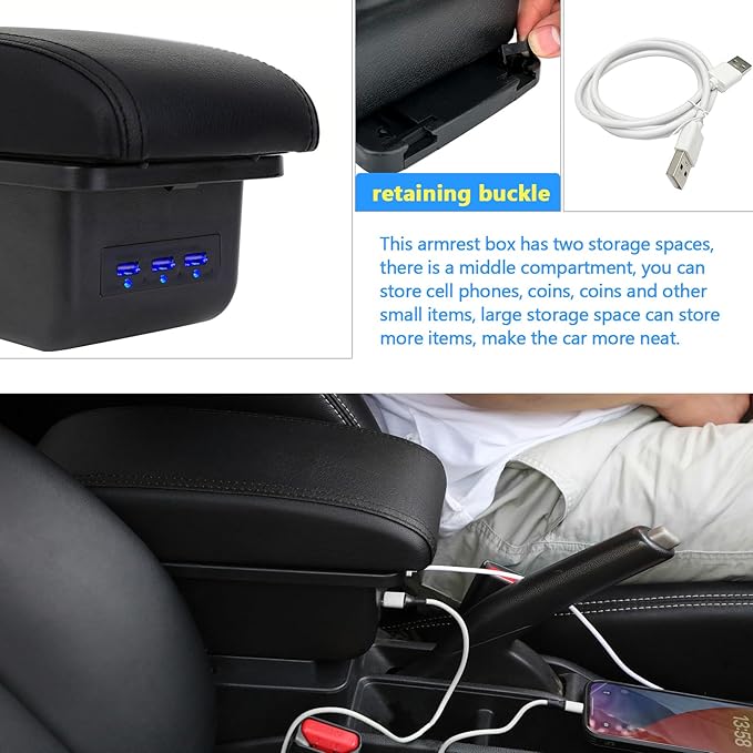 AULPHIKE Compatible with Nissan Versa Armrest 2007-2011 Car Center Console Organizer Armrests Double Layer Storage with 3 USB（Black）