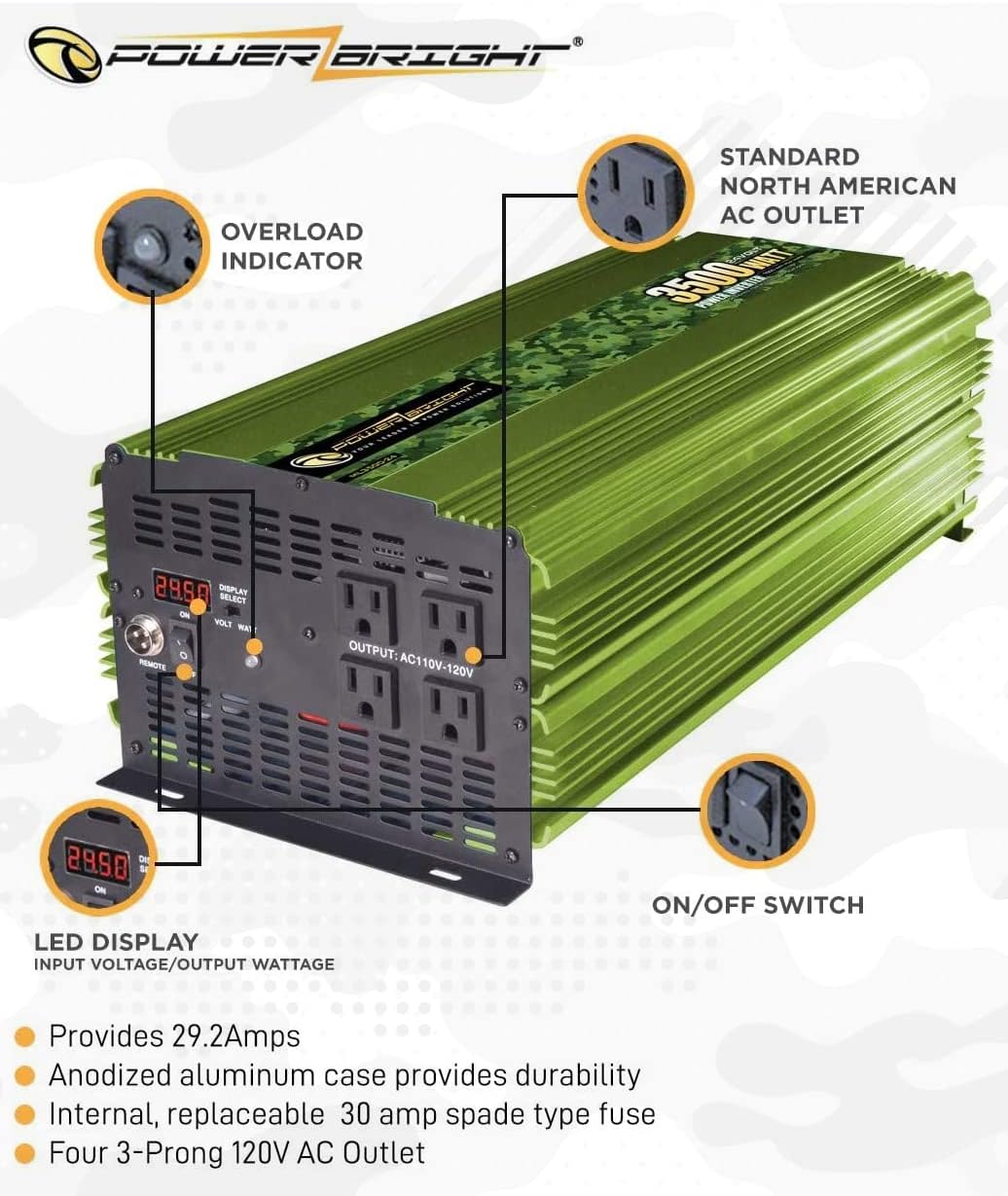 3500 Watt Power Inverter, Easy to Install DC 24V to 120V AC Car Inverter w/Four AC Outlets, LCD Digital Display & Wireless Remote Control - CE Approved