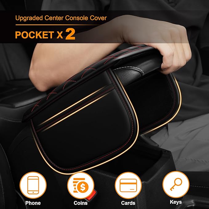 Center Console Cover for Cars Fit for Jeep Wrangler Leather Armrest Covers with 2 Storage Bags(Black&Red)