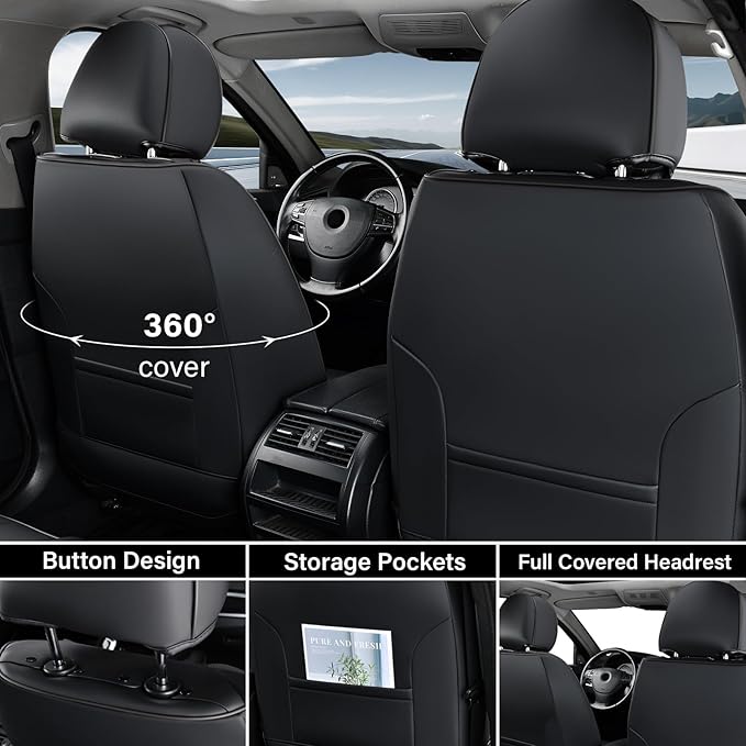 Coverado Seat Covers, Car Seat Covers Front Seats, Waterproof Nappa Leather Auto Seat Cover with Lumbar Head Pillow, Black Gray Seat Covers Carseat Cover Universal Fit for Most Cars
