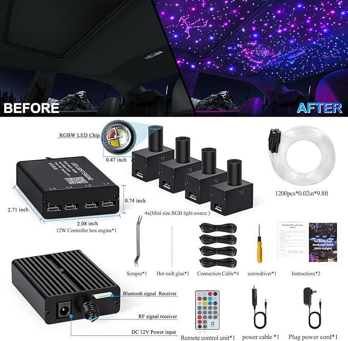 Split 4 Colors 12W Car Starlight Headliner Slim Kit 1200pcs*0.02in*9.8ft with APP&RF Remote,RGBW Fiber Optic Starlight Kit,4 Port Engine Sound Activated Star Lights for Ceiling Car Roof/Home Decor