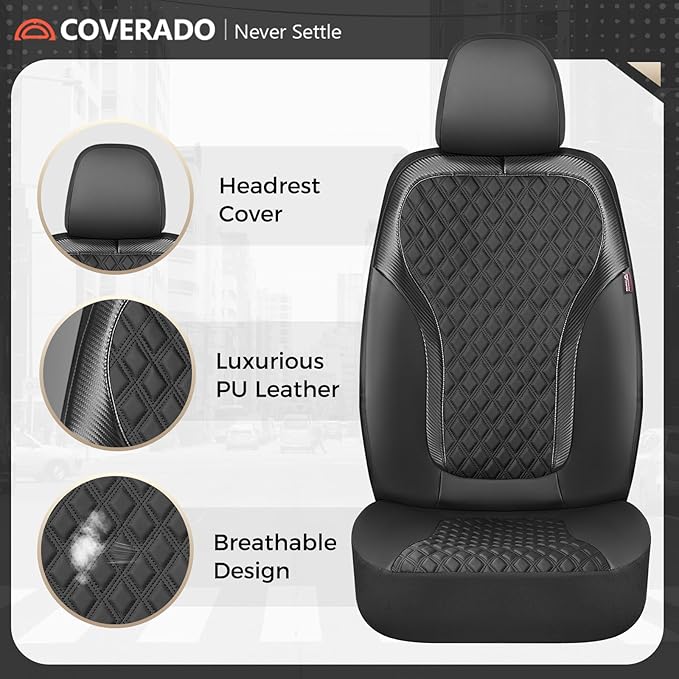 Coverado Front Seat Covers, 2-Pack Luxury Diamond Leather Car Seat Cover with Carbon Fibre Weave Design, Waterproof Car Seat Protectors, Black Driver Seat Covers Universal Fit for Cars SUV Trucks