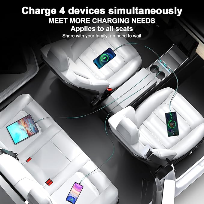 65W USB Hub for Tesla Model 3 (New Model Y Juniper 2024 2025 2026 -Fast Charger Tesla Accessories for Model 3 Highland(New Model Y Juniper) USB Charger Hub 4-Ports Retractable Phone Charger USB Hub -S