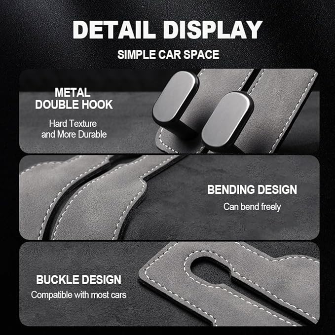 2026 New 2 in 1 Car Seat Back Storage Hook, Car Backseat Organizer Accessories, Premium Leather Headrest Hook for Auto Hooks Organizer for Handbag Purse Coat Bags (2, Grey)