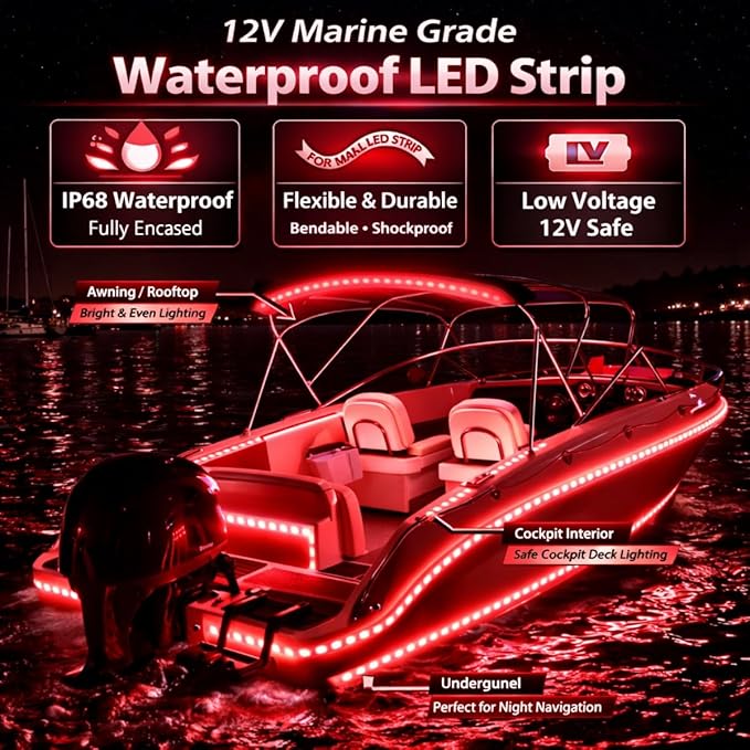 12V Marine Boat LED Light Strip Super Bright, 2 Pack 2FT IP68 Fully Waterproof RV Front Cap Lights, Golf Cart Underglow Roof Lights Strip for Truck ATV UTV SUV Car Pickup Trailer, Cuttable, Red