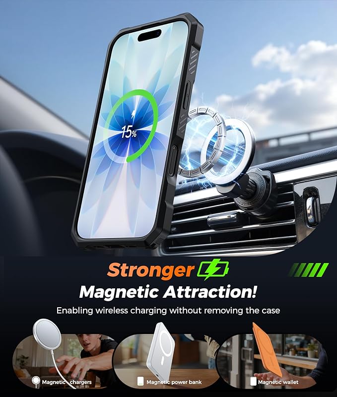 FNTCASE for iPhone 17 Phone Case: [360 Spin Magnetic Ring Kickstand] [Compatible for MagSafe] [Screen Protector] Heavy Duty Military Grade Protection Protective Phone Case with Stand Black