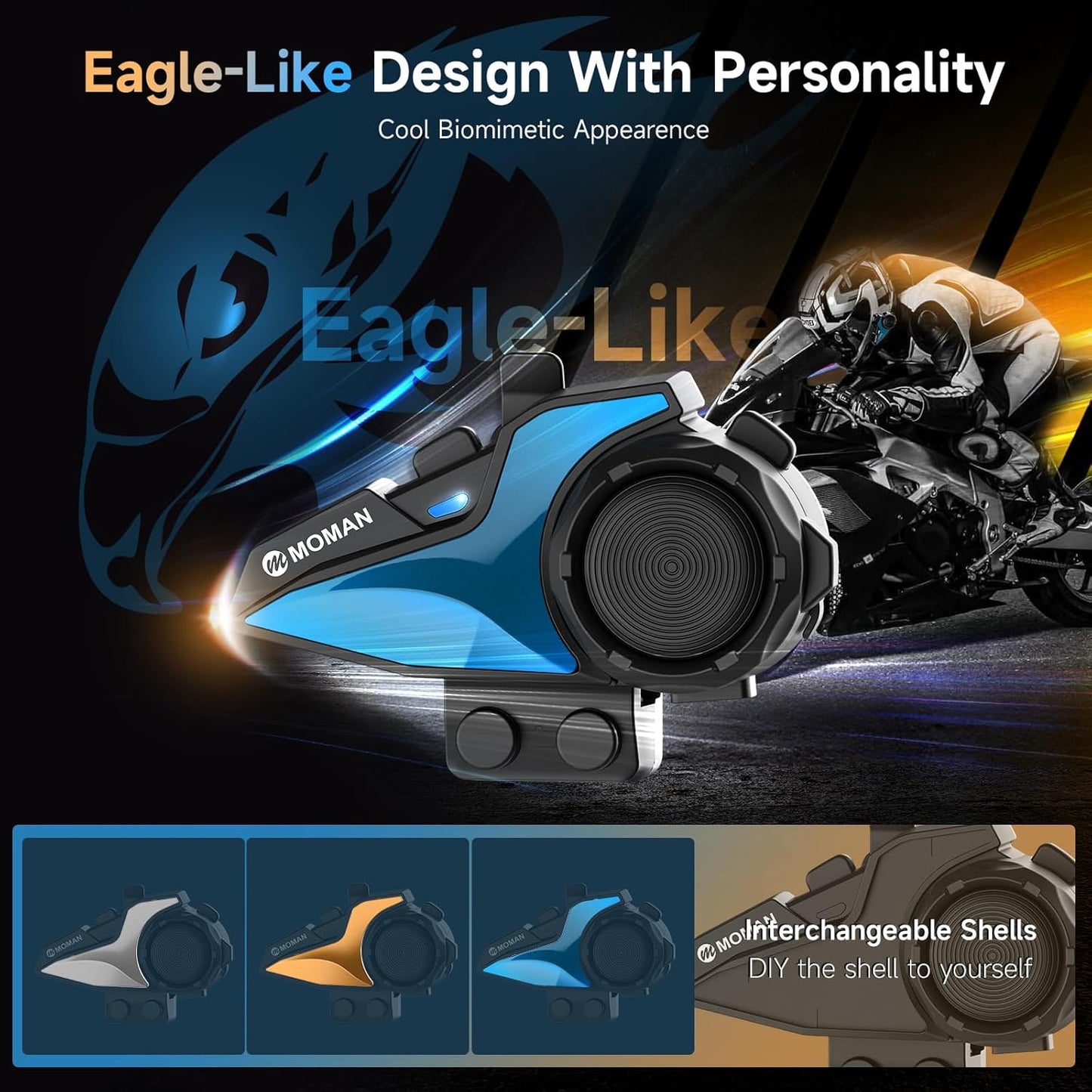 Moman Motorcycle Intercom, H2E Eagle-Like Helmet Headset Communication System with Dual Chip for Audio Multitasking HiFi/Music Sharing/FM/AI Voice (1Pack), Motorcycle-Intercom-Helmet-Headset-Headphone