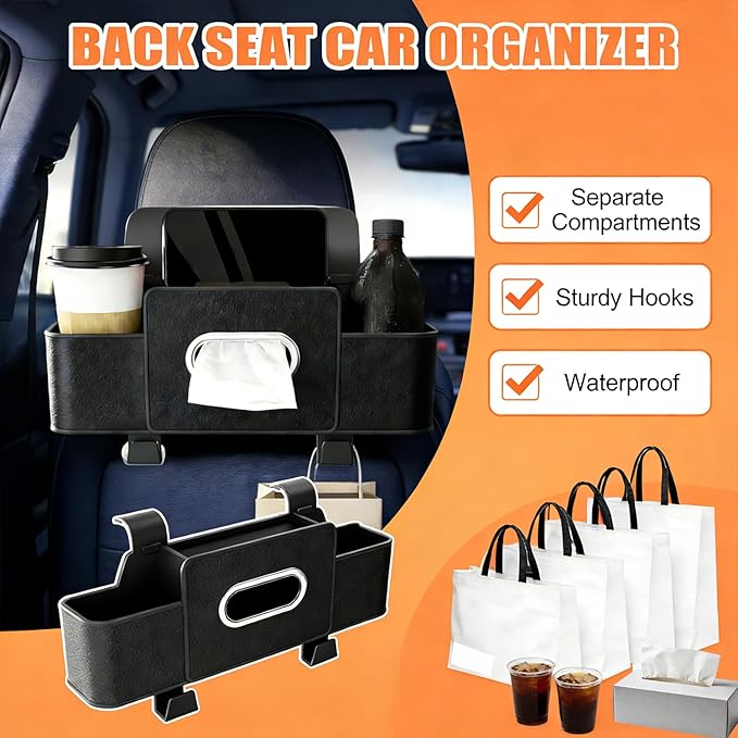 UKM 3-in-1 Back Seat Car Organizer, Car Backseat Storage Box with Cup Holder, Tissue Box&Hooks, Multifunctional Waterproof Storage for Hold Phones Drinks Handbags (Black)