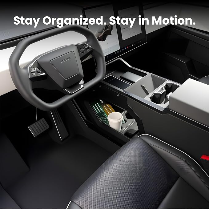 Cyber Truck Center Console Organizer 2023–2026, Custom Fit Double-Layer Tray Insert Storage System, Interior Black Lower Center Console Storage Box Cyber Truck Accessories 2025