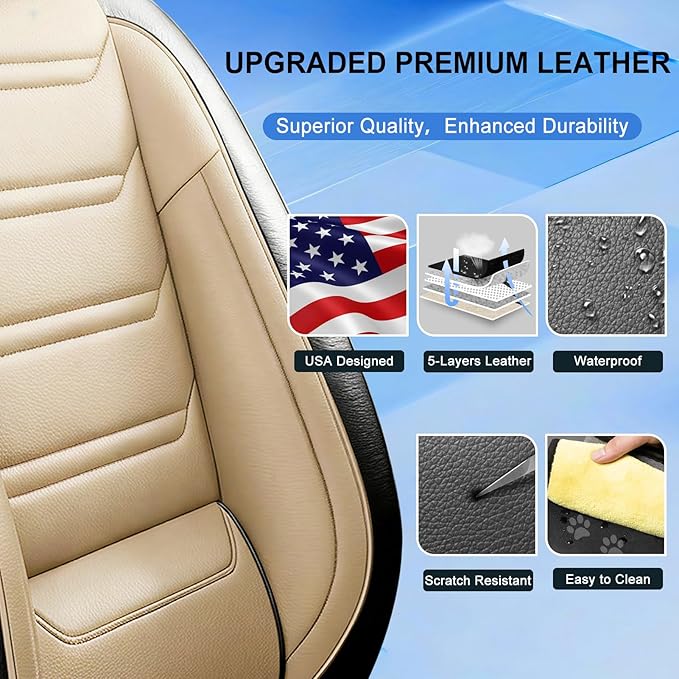 Fit Trax Car Seat Covers for Chevrolet/Chevy Trax 2015-2026, Premium Full Coverage Leather, Waterproof All Weather Seat Protector, Airbag Compatible, Scratch Resistant, Full Set, Black+Beige