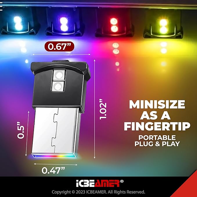 ICBEAMER Mini Smart USB Type-A 2-Pack (Red) | LED Night Light for Car Interior, Trunk, Center Console, Easy Plug-in, Enhance Automotive Ambiance, Ideal for Night Driving