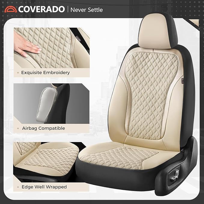 Coverado Car Seat Covers Full Set, Beige Car Seat Covers, Luxury Leather Car Seat Cover with Carbon Fiber Textured Design, Spill-Proof Seat Cushions, Automotive Seat Cover Universal Fit Most Cars