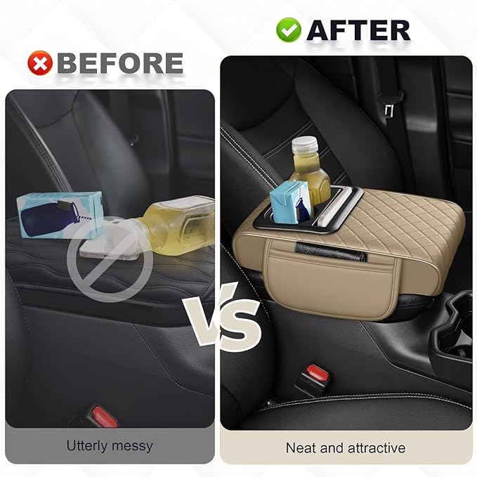 Center Console Cover Fit for RAV4 Faux Leather Car Armrest Cushion with Storage Bags, Cup Holder ＆ Phone Storage Multifunctional Middle Console Cover(Beige)