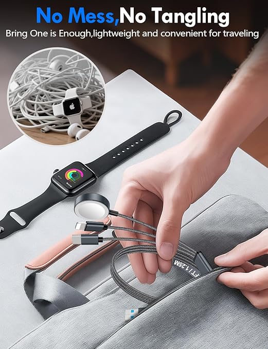 1Pack Multi Charging Cable Cord for Travel Essentials,Apple Watch Charger,iPhone Charger,[3-in-2] Type C/LCable Portable Designed for iWatch,iPhone 17-8,Galaxy S25-21,AirPods,iPad-1.8M Black