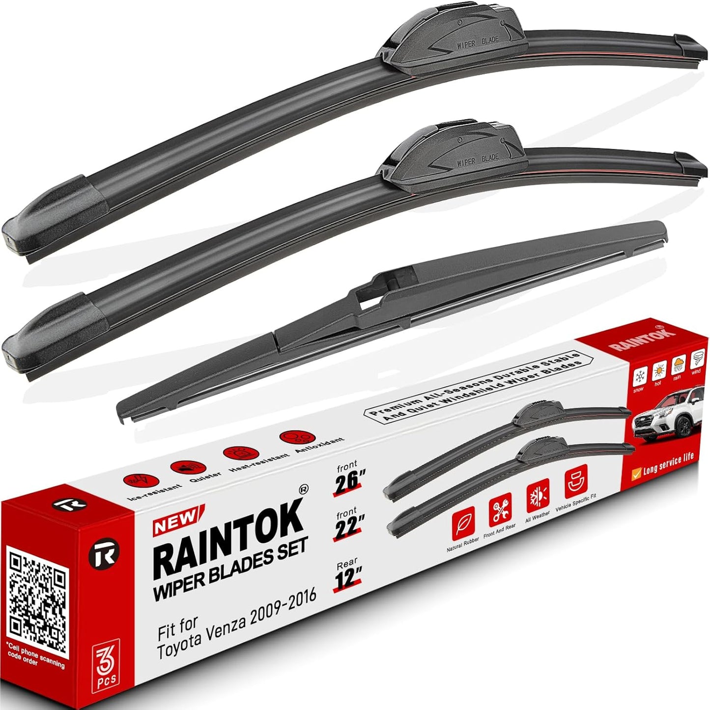 Windshield Wiper Blades Replacement for 2009-2016 Toyota Venza Original Factory Quality Front Rear Wipers Blade Set for My Car - 26" 22" 12" (Pack of 3)