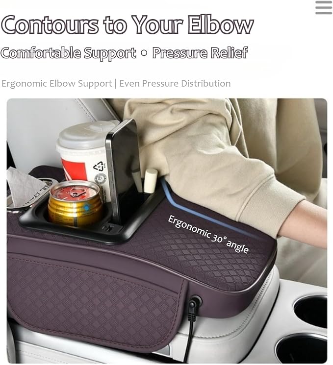 2026 Upgraded Car Center Console Cushion with 30w USB& Type-C Charging Ports, Leather Car Armrest Pad Cover, Interior Accessories for Most Vehicles (Ergonomic Sloped Version, Black-Red line)