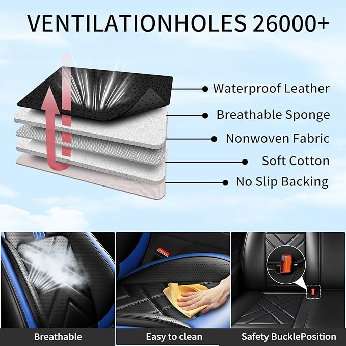 CX-7 Car Seat Covers Fit for Mazda CX-7 2007-2012, Full Coverage Premium Leather Waterproof Breathable Seat Covers, Automotive Seat Protectors, Airbag Compatible(2 Front Seats, Black-Blue)
