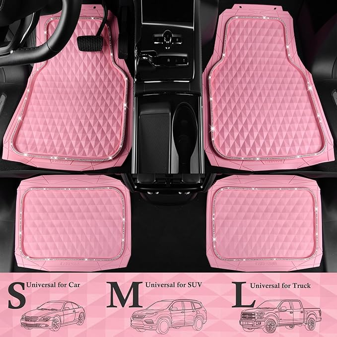 CAR PASS Bling Diamond Rubber Car Mats, Heavy Duty Deep Dish All-Weather Floor Mat Full Set Anti-Slip 3D Rhombus Waterproof Trim Fit Liner Universal Glitter Sparkly Shining Rhinestone, Pink Rubber