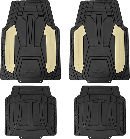 FH Group Automotive Floor Mats, Heavy-Duty Rubber, Stripe Design, Universal Fit Full Set, Trimmable Climaproof Floor Mats for Most Sedan, SUV, Truck, Beige