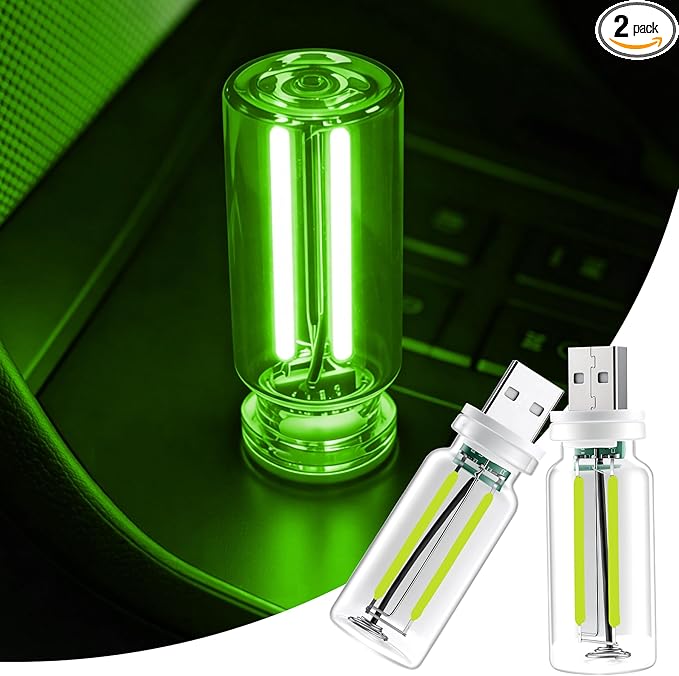 iFunyLED Car Interior USB LED Night Light, Portable Touch dimmable Car Ambient Lighting Kit, Retro Mini Transparent Glass Bottle Lamp Decorations for Vehicle Camping Bedroom Hallway, Pack of 2(Green)