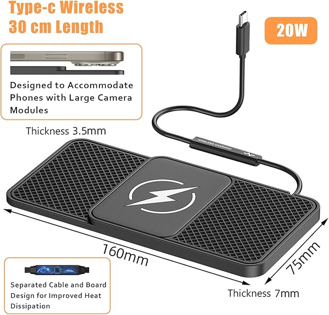 Wireless Car Phone Charger for Lincoln Corsair Nautilus Aviator Navigator, Type C/USB 20W Fast Charging Pad, Non-Slip Charging Station for Travel Home Office Desk, Lightweight,Type-C