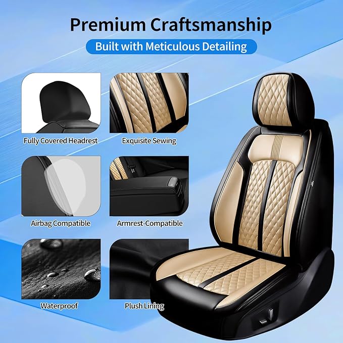 Fit Malibu Car Seat Covers for Chevrolet/Chevy Malibu 2009-2025, Full Coverage Leather, Airbag Compatible, Waterproof All Weather Breathable Seat Cushion Protector, Front Pair Black+Beige