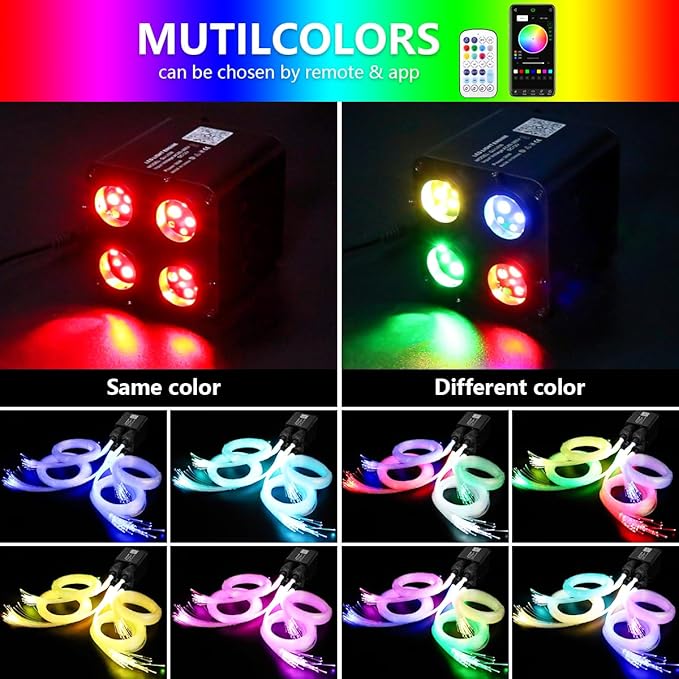AMKI Updated 4Color Twinkle 36w Starlight Headliner Kits 1200pcs 0.03in 13.1ft Fiber Optic Light Cable 4 Ports Starlight Box App/Remote Control Sound Mode for Car Home Ceiling Decoration