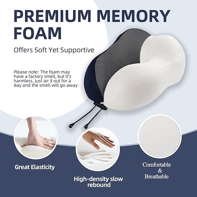 Travel Pillow with Extra Large Hood for Airplane Long Flights Privacy and Comfort Memory Foam with Velvet Cover for Road Trip Head&Neck Support for Plane Office Cars Sleeping & Rest (Navy Blue)