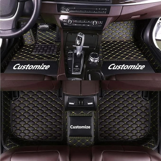 Custom Making Car Floor Mats Compatible for 2000-2025 All Mode Sedan SUV Sports Car Full Coverage Cute Pads Protection Non-Slip Leather Floor Liners (Black Yellow Line)