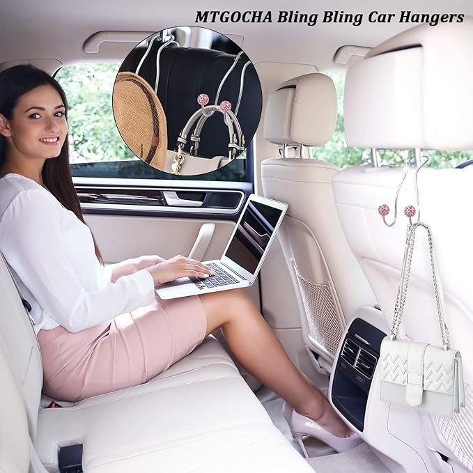 MTGOCHA Bling Purse Hook for Car Headrest, Upgraded Cute Car Seat Hooks for Bag Handbag, Durable Stainless Auto Purse Hanger Holder 2 Pack, Pink
