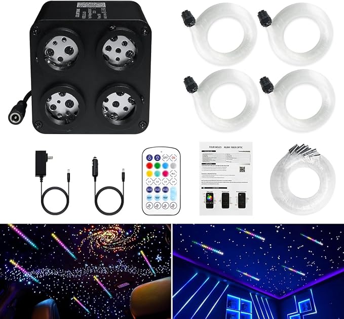 AMKI Updated 4Color Meteor Twinkle 36w Starlight Headliner Kits 800pcs 0.03in 13.1ft, 240pcs RGB Meteor Shooting Star Cable, 2 in 1 Fiber Optic Light Box RGBW Sound Activated Mode for Car& Home Decor
