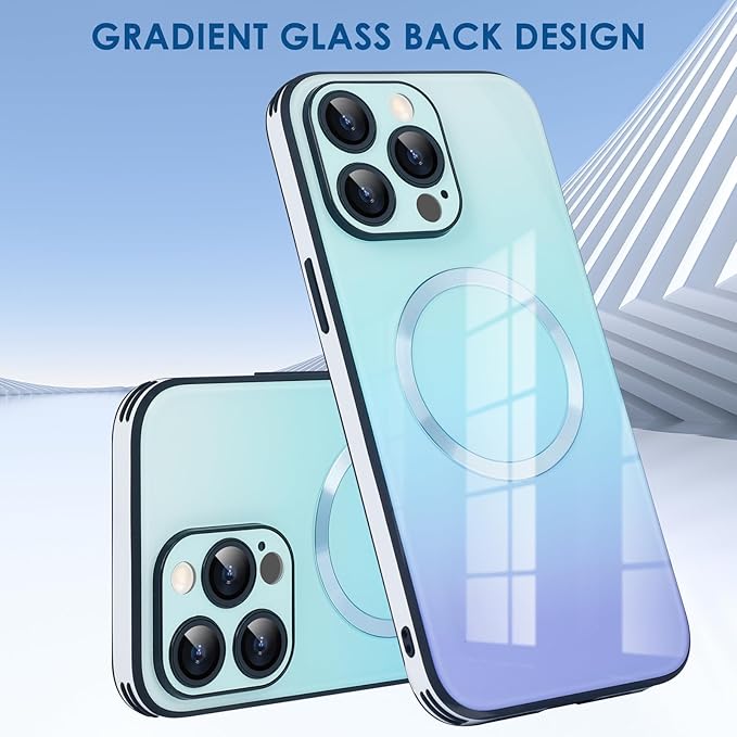 Guppy Compatible with iPhone 16 Pro Max Case Magnetic, with Full Camera Lens Protector [Compatible with MagSafe] Scratch Resistant Gradient Glass Back Cover Phone Case-Blue