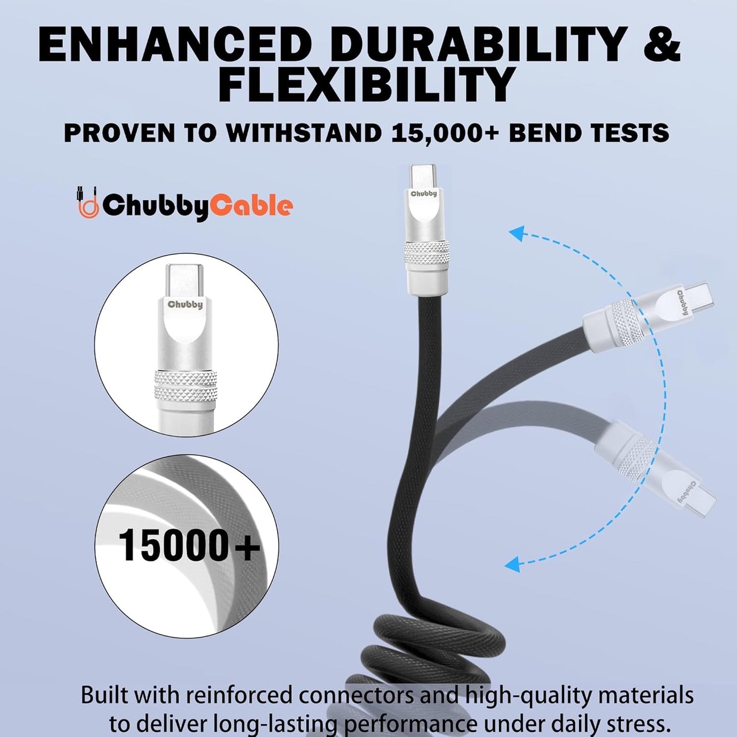 chubbycable Curly Chubby - Retractable Fast Charging Cable 240W Coiled Charger Cord for Car Durable USB-C Cable for Phones, Tablets and More, Light Blue, Type-C to Type-C, 1.3FT-2.3FT