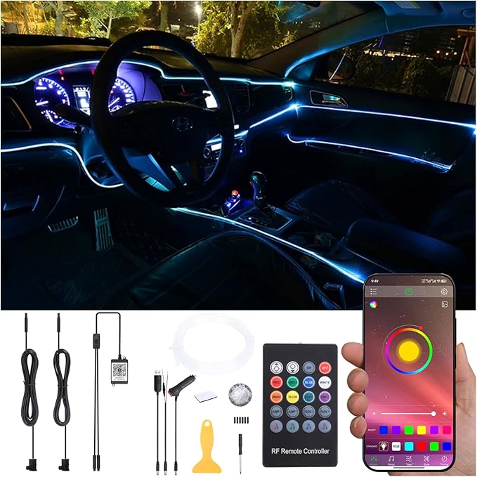 3 m Optic Fiber Car Ambient Lighting Kit Bluetooth App Control + RF Remote Control 64 Colors Multicoloured Music Interior Lighting Kit 12V 1W