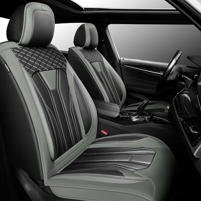 Fit Leaf Car Seat Covers Compatible with Nissan Leaf 2012-2025 2026 - Premium Leather， Waterproof Breathable， All-Weather Seat Cushion Protecto&Airbag Compatible (2 Front Seat Gray&Black)